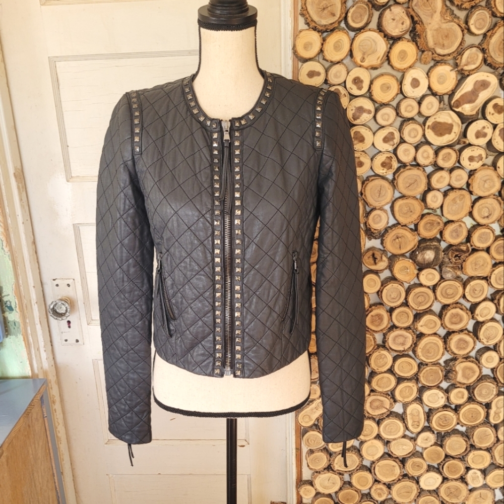 Rebecca Taylor Charcoal Gray Lamb Leather Quilted Studded Moto Jacket Coat Sz S